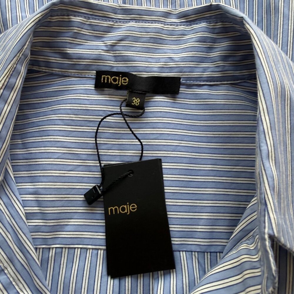 Maje Size M NEW Blue & White Striped Long Sleeve Button-Front Mini Shirt Dress - Picture 15 of 16